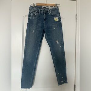 Zara Basic Denim US 4 Blue Embroidered Daisy Straight Leg Jeans Raw Hem